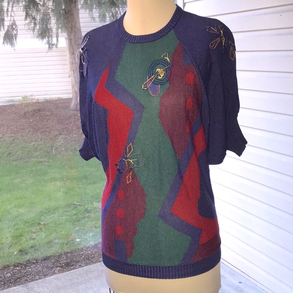 ❤️ Women’s VINTAGE MARC D’ALCY PARIS Colorful Geometric Knit Sweater Top Sz L